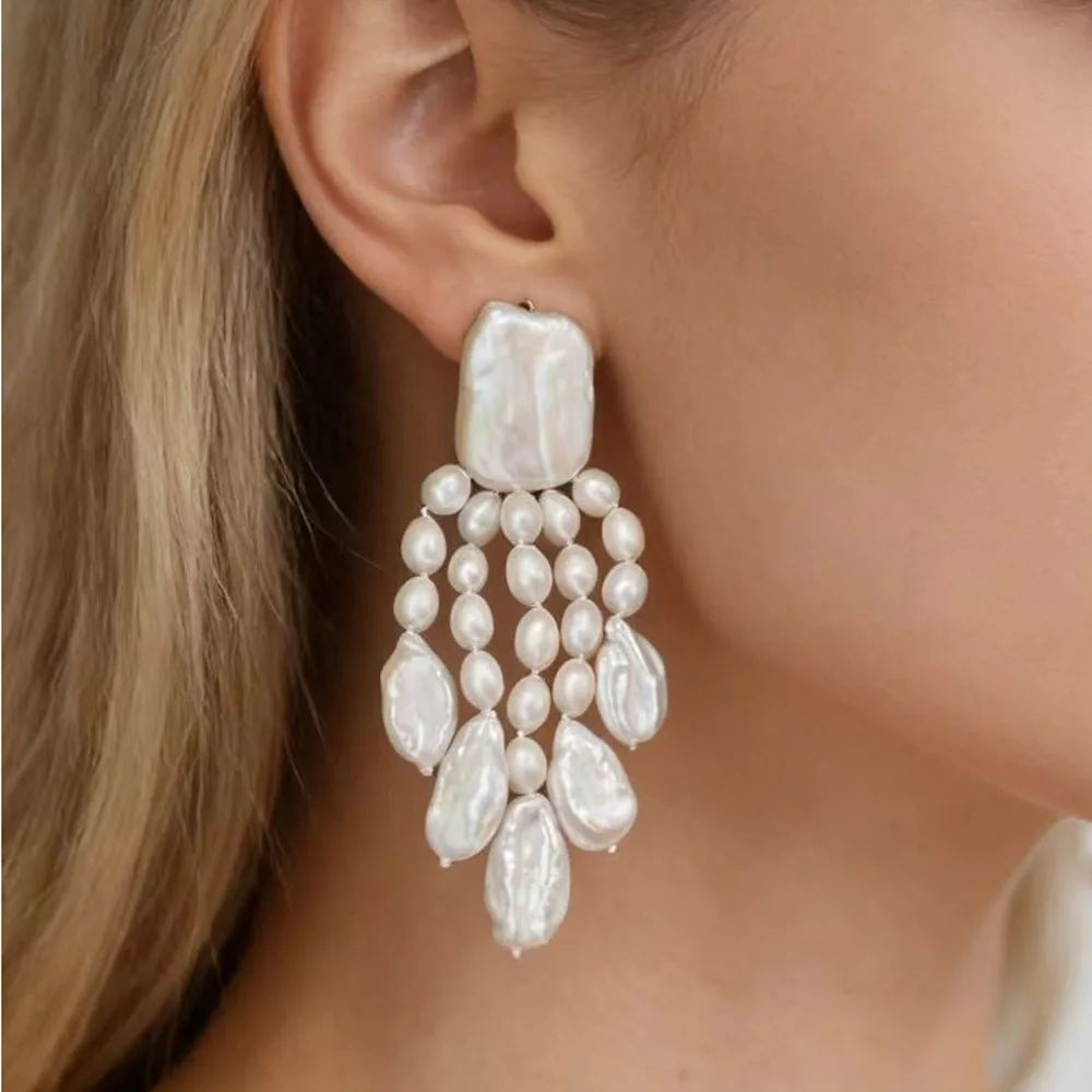 

MTC·STAR Handmade 24mm White Square Coin Rice Pearl Tassel Dangle Earring 925silver（Z14275）