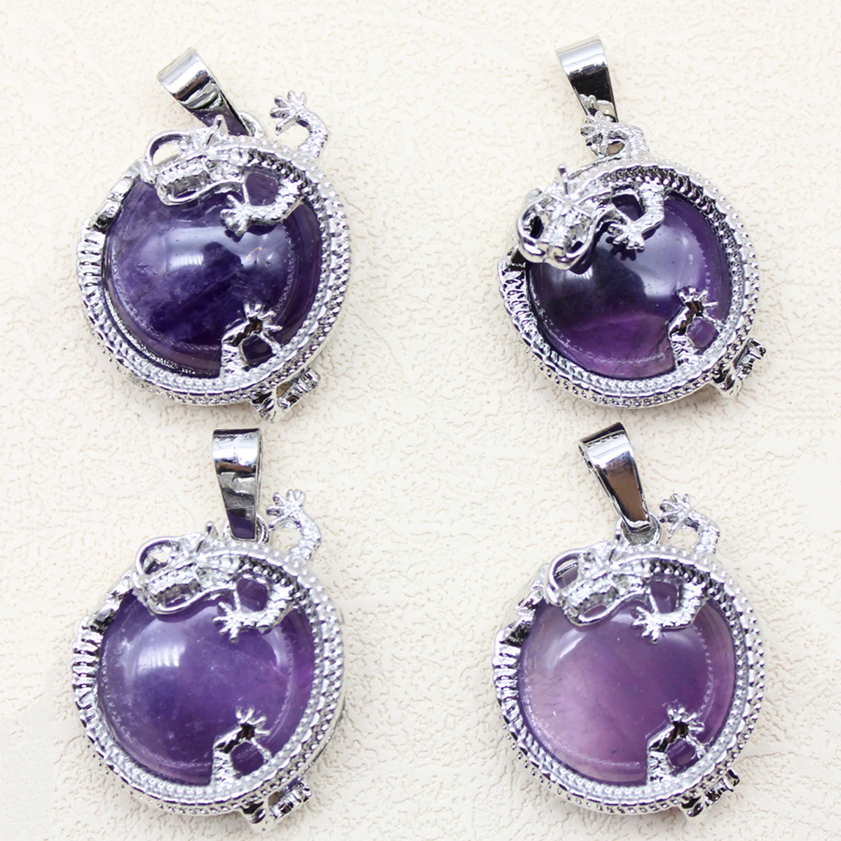 Wholesale 10pcs Natural Stone Dragon Pendant Amethyst Agate Mixed Color Round Pendant DIY Necklace Accessories Jewelry Making