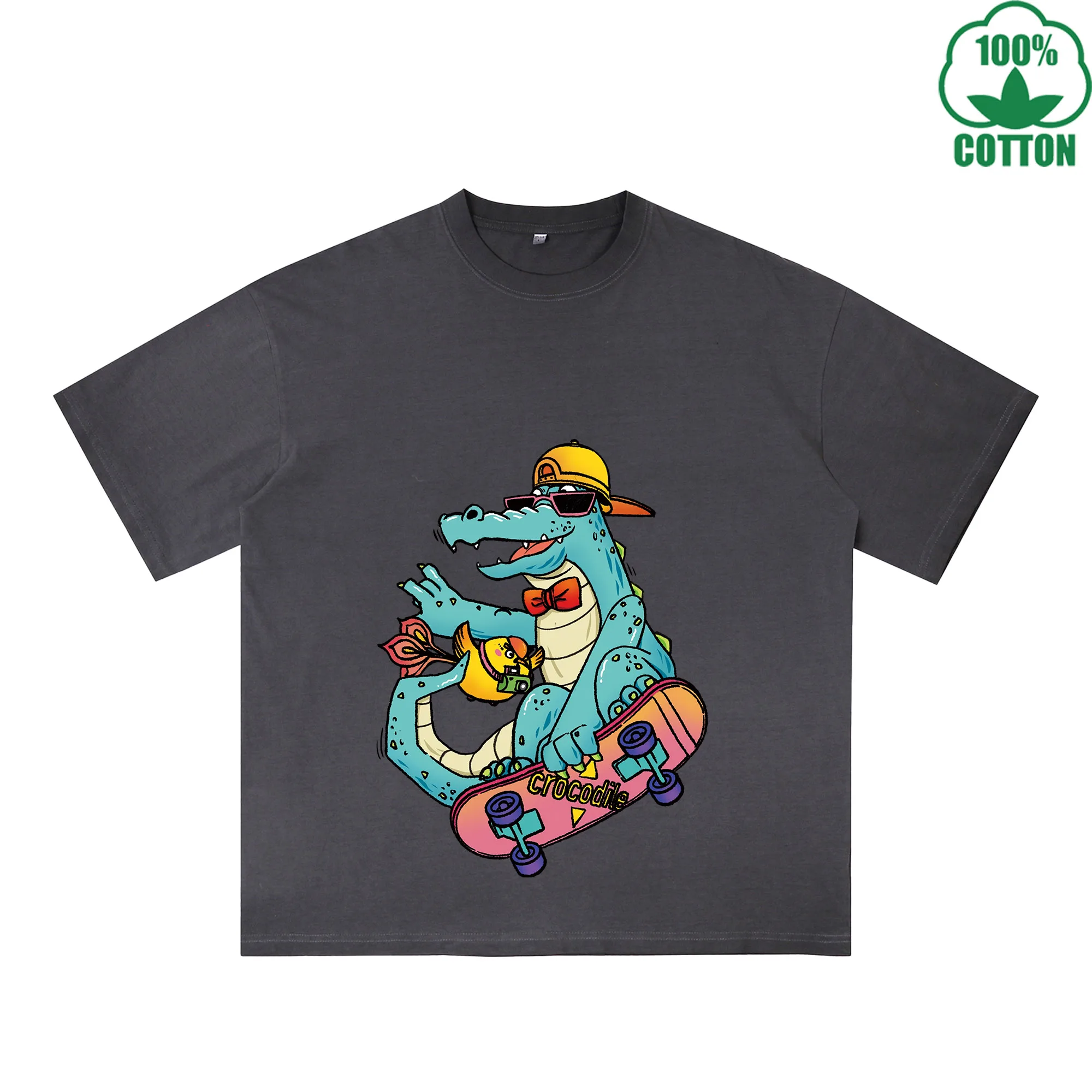

SkateBoarding Crocodile Printed Dirty WashT-Shirt 230G Multicolor Loose Trendy Fashionable 100%Cotton Short Sleeve Top