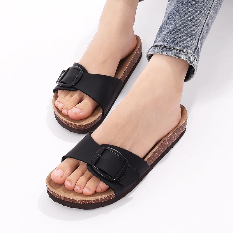 Pallene Women\'s Flat Sandals Cork Footbed Slippers Adjustable Buckle Slip On Fashion Summer Sandals Comfort Non Slip House Slide