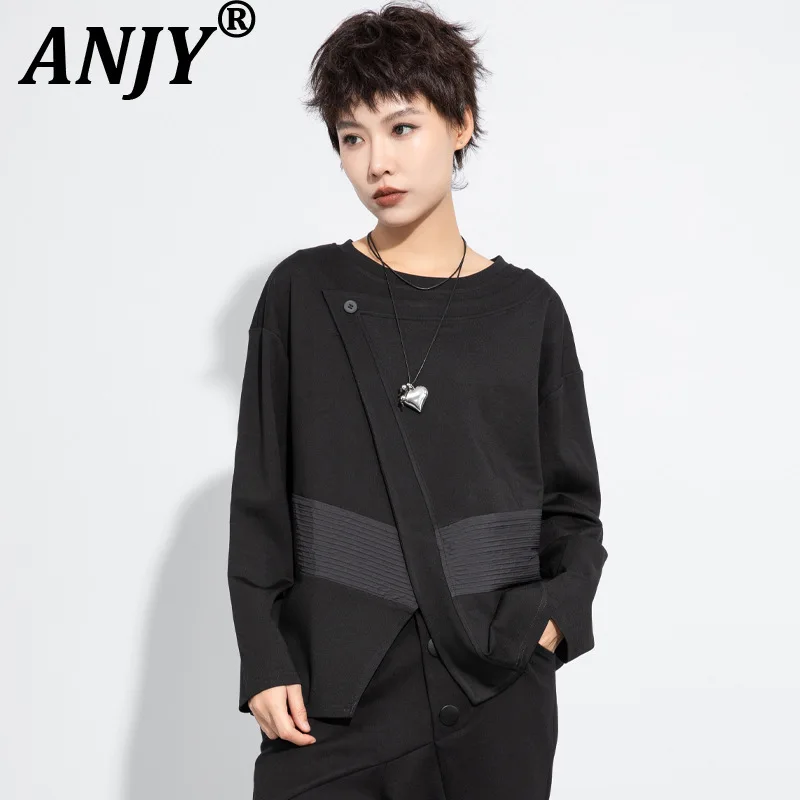 

ANJY Новая женская модная футболка с разрезами и круглым вырезом, свободного кроя, в стиле пэчворк, с длинным рукавом, повседневная, универсальная, трендовая, A21475