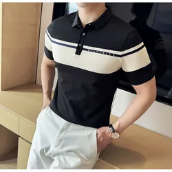 2024 Korean Contrasting POLO Shirt for Men Short Sleeve Slim Fit T-shirts Versatile Business Casual Lapel Tee Tops Men Clothing