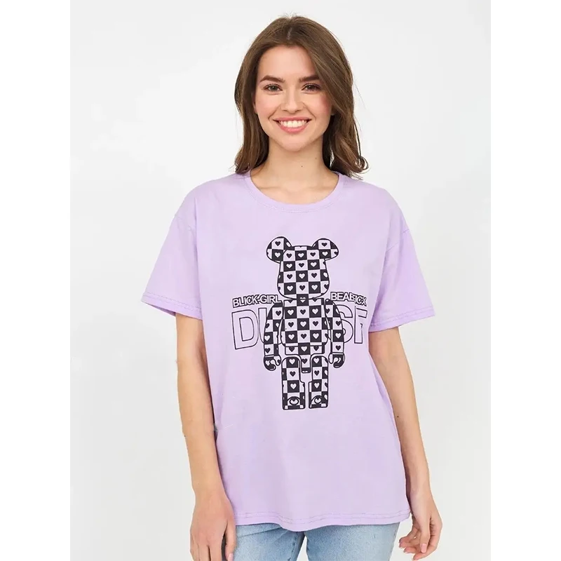 

Лето 2025 г., футболка с рисунком медведя из мультфильма, стильная футболка унисекс, летняя свободная футболка с короткими рукавами, повседневная одежда, женский топ