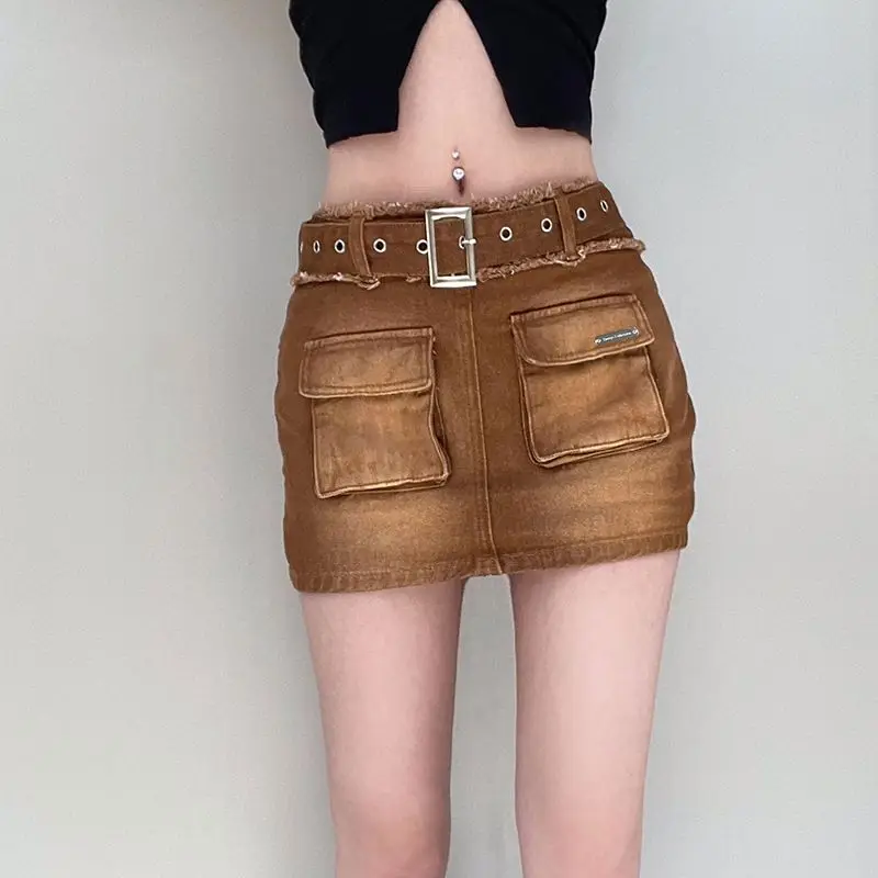 Cargo Mini Denim gonna cintura Multi tasche Streetwear donna a vita alta American Distressed Hot Girl'S Butt-Covering gonna corta