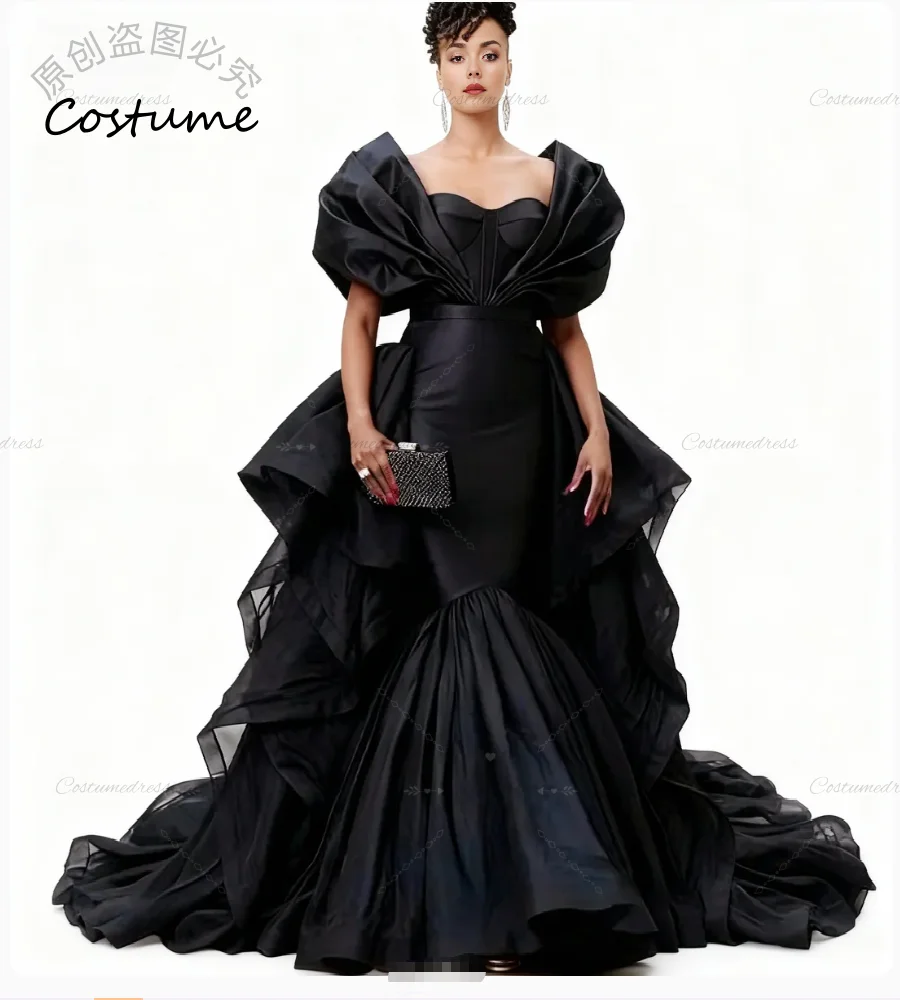 فساتين سهرة أنيقة بحورية البحر باللون الأسود مع ذيل بدون أكتاف عتيقة مقاس كبير فستان حفلة موسيقية للفتيات السود 2026 رداء حفلات رسمي