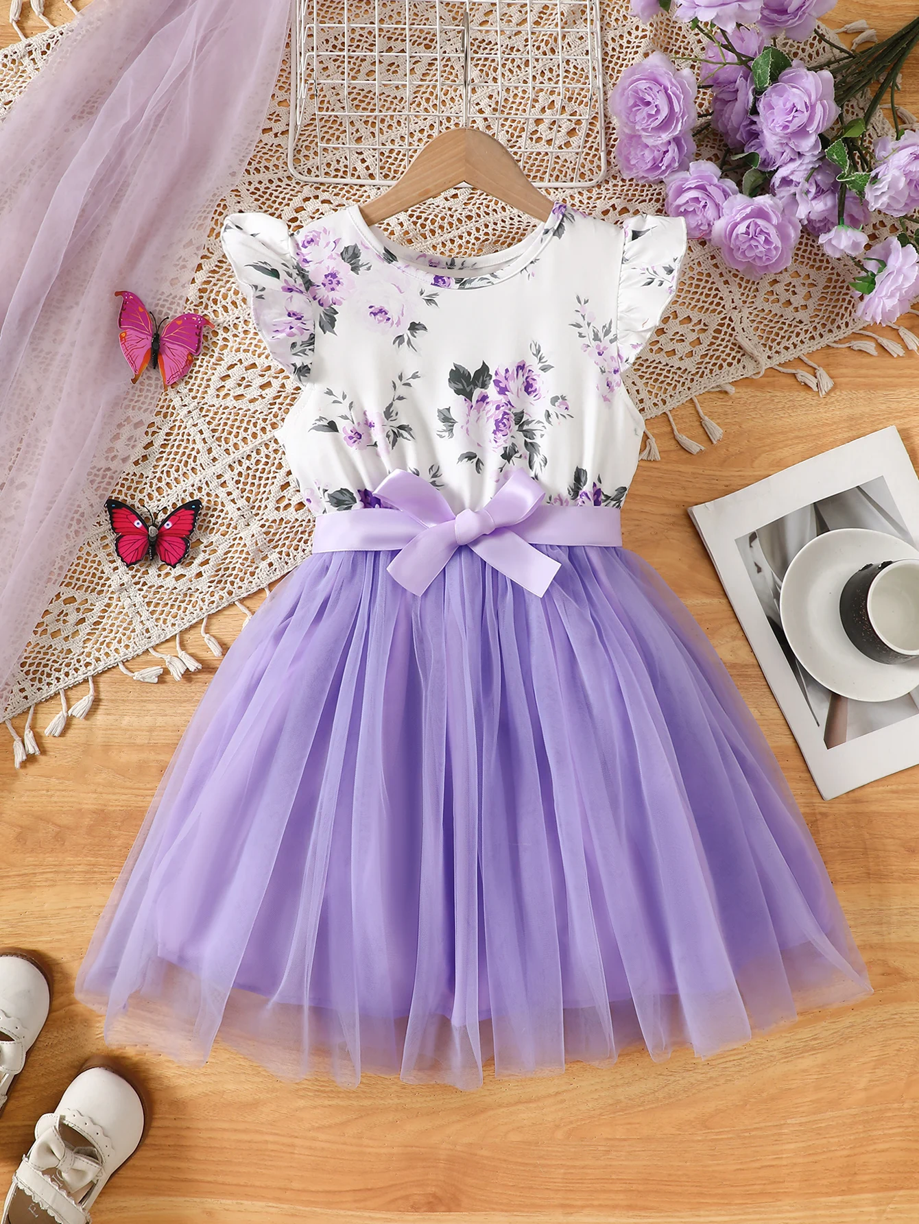 Vestido de Malha Casual para Meninas com Estampa Floral Digital, Sem Mangas, Gola Redonda, Babados e Detalhes em Tule, Ideal para Férias, Praia, Festas, Presente com Laço