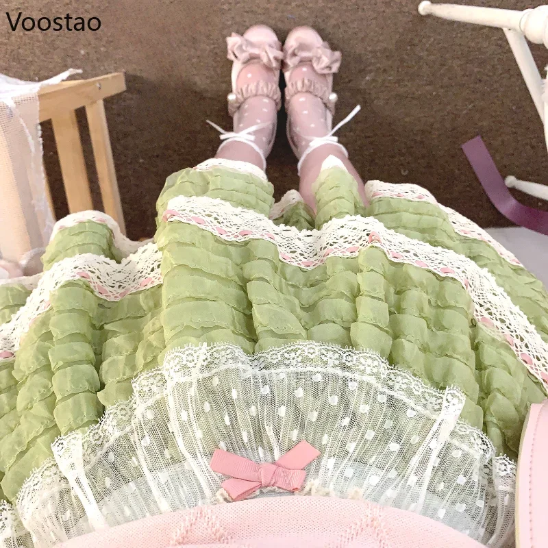 Japanese Sweet Lolita Mini Skirt Women Vintage Kawaii Y2k Bow Lace Ruffles Party Fairy Short Skirts Korean Elegant Cake Skirt