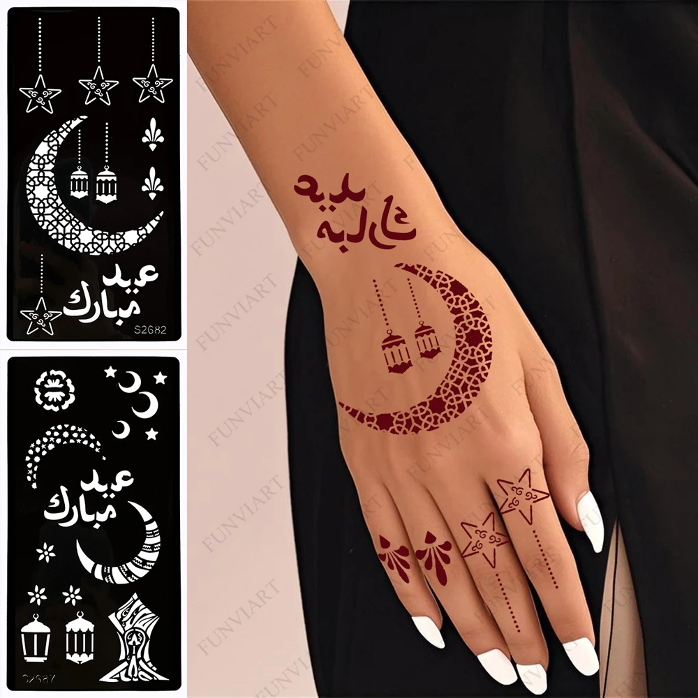 2 Blätter Temporäre Tattoo-Henna-Schablonen Mond Sterne Blumen Körperkunst-Vorlagen für Frauen Körper-Make-up Mehndi-Designs Malwerkzeug