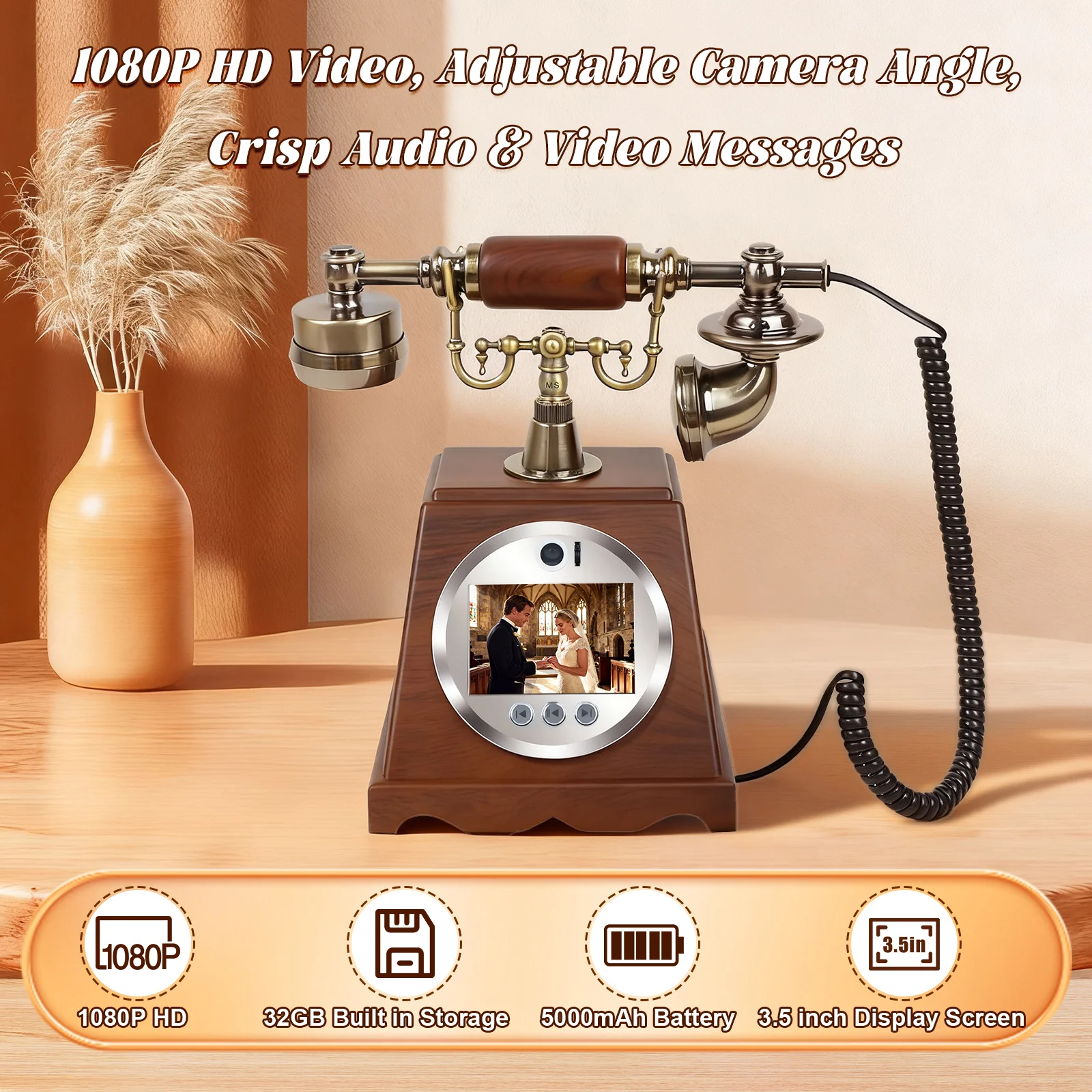 Retro-Video-Gästebuch-Telefon, Hochzeits-Audio-Video-Nachrichten-Telefon, Gästebenachrichtigungs-Video-Telefon, Einzigartige Möglichkeit, eine Nachricht zu hinterlassen – Detail 6