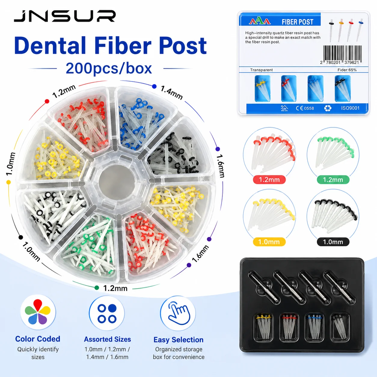 JNSUR Dental Fiber Post Set 1,0/1,2/1,4/1,6 mm farbcodierte Quarz-Faser-Harzstifte für die Wurzelkanalrestaurierung, Zahnarztbedarf