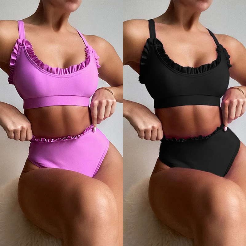 

Bikini 2025 Sexy Swimwear Swimsuit Women Solid Ruffled High Waist Bikinis Set Bathing Suit Bikini Taille Haute Biquinis Feminino