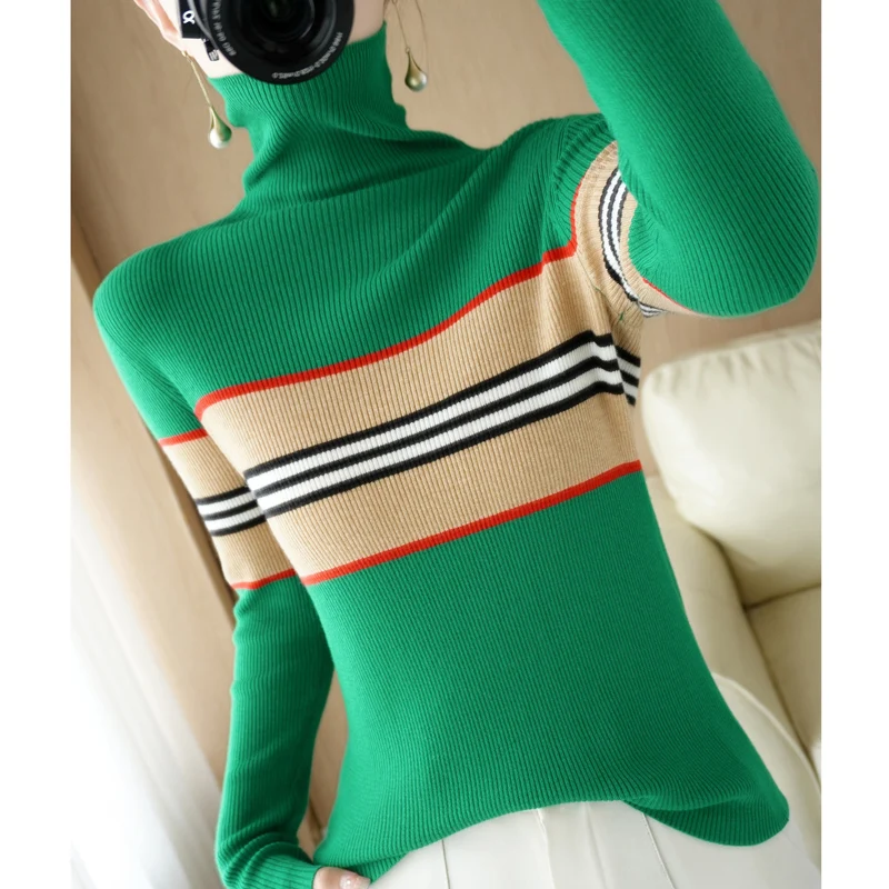 

2022 Winter New Fashion Slim Slim Pullover Long Sleeve Dress Casual Office Undercoat Top Thickened Stripe Sweater Women