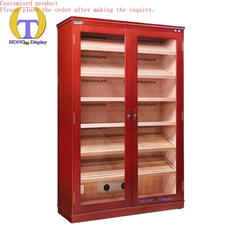 

Custom.Customized Design Cedar Wooden Shelves Cigar Display Led Strip Lighting Large Capacity Cigar Cabinets With Glass Doors