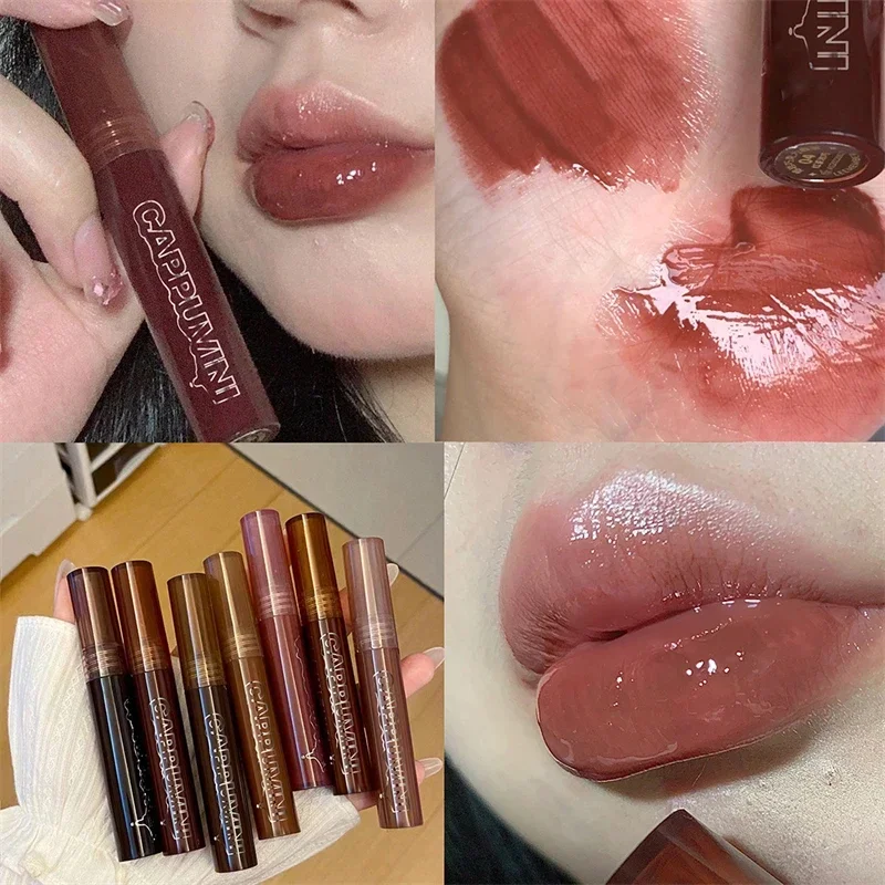 Punk dunkelbraun Spiegel Wasser Lip gloss rote Lippen glasur transparentes Glas Lippen öl wasserdicht flüssigen Lippenstift nackt klare Tönung Make-up