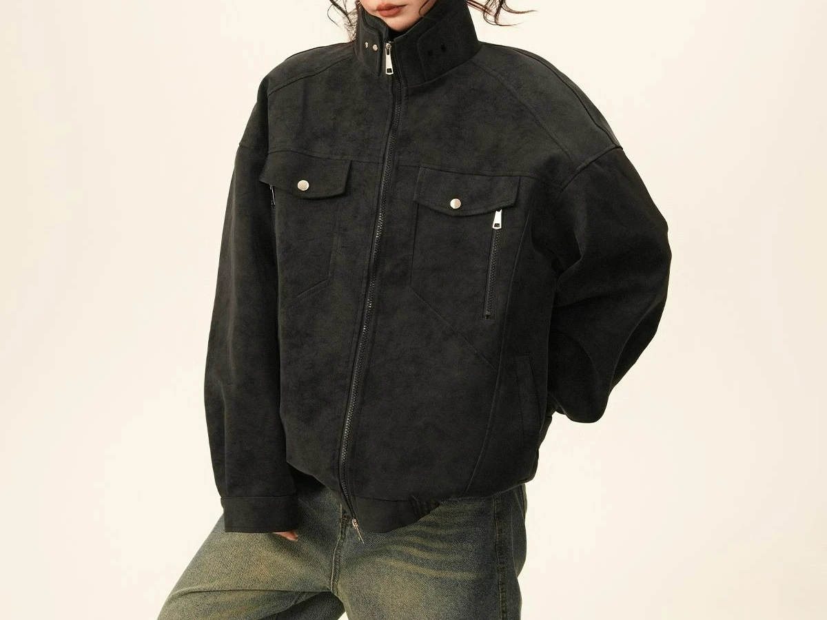 سترة ريترو بياقة واقفة لربيع وخريف 2025 سترة جلدية للملابس الخارجية #2