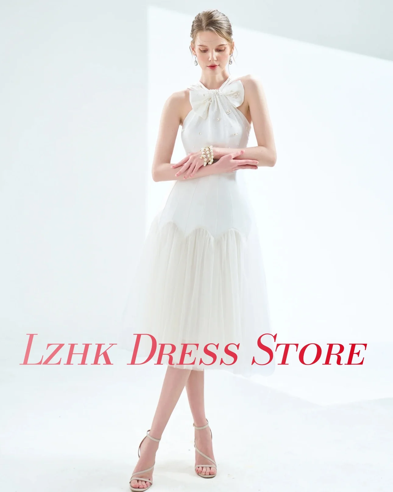 Personalizado requintado organza a linha de cristal 3d arco vestido de noite delicado sem mangas o pescoço chá comprimento sob medida vestidos de ocasião