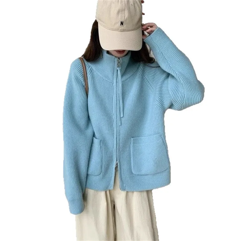 Opstaande Kraag Dubbele Rits Gebreid Vest Dames Top 2025 Herfst-winter Nieuwe Luie Stijl Losse Trui Jas