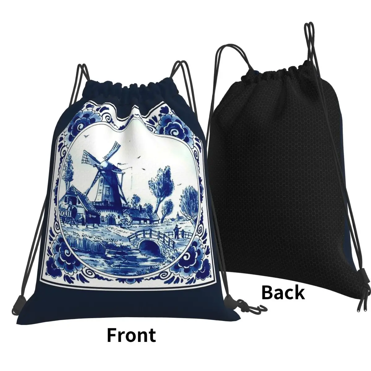 DUTCH BLUE DELFT Vintage Windmill And Bridge Print Backpacks Fashion Drawstring Bags Shoes Bag Book Bags for Man Woman Students