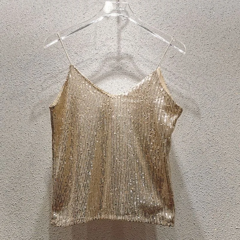 Y2K Halter Tank Top Summer Aesthetic Clothes For Women Solid Vintage Crop Tops Tees Evening Glitter Shiny Sequins Loose Vest