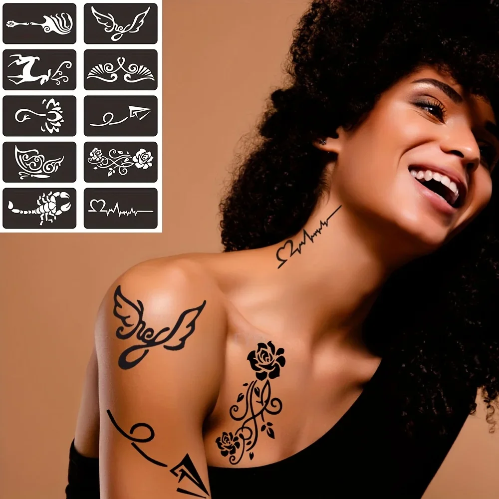 Henna-Tattoo-Schablonen-Set Selbstklebende Handvorlagen Wiederverwendbare Temporäre Tattoo-Körperkunst DIY-Design-Kit für Hochzeit und Party – Detail 5