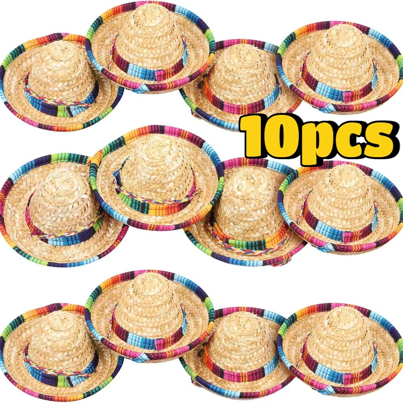 10PCS Mini Sombrero Party Hats in Vibrant Colors, Featuring Intricate Designs. These Plastic Decorations Are Machine Washable