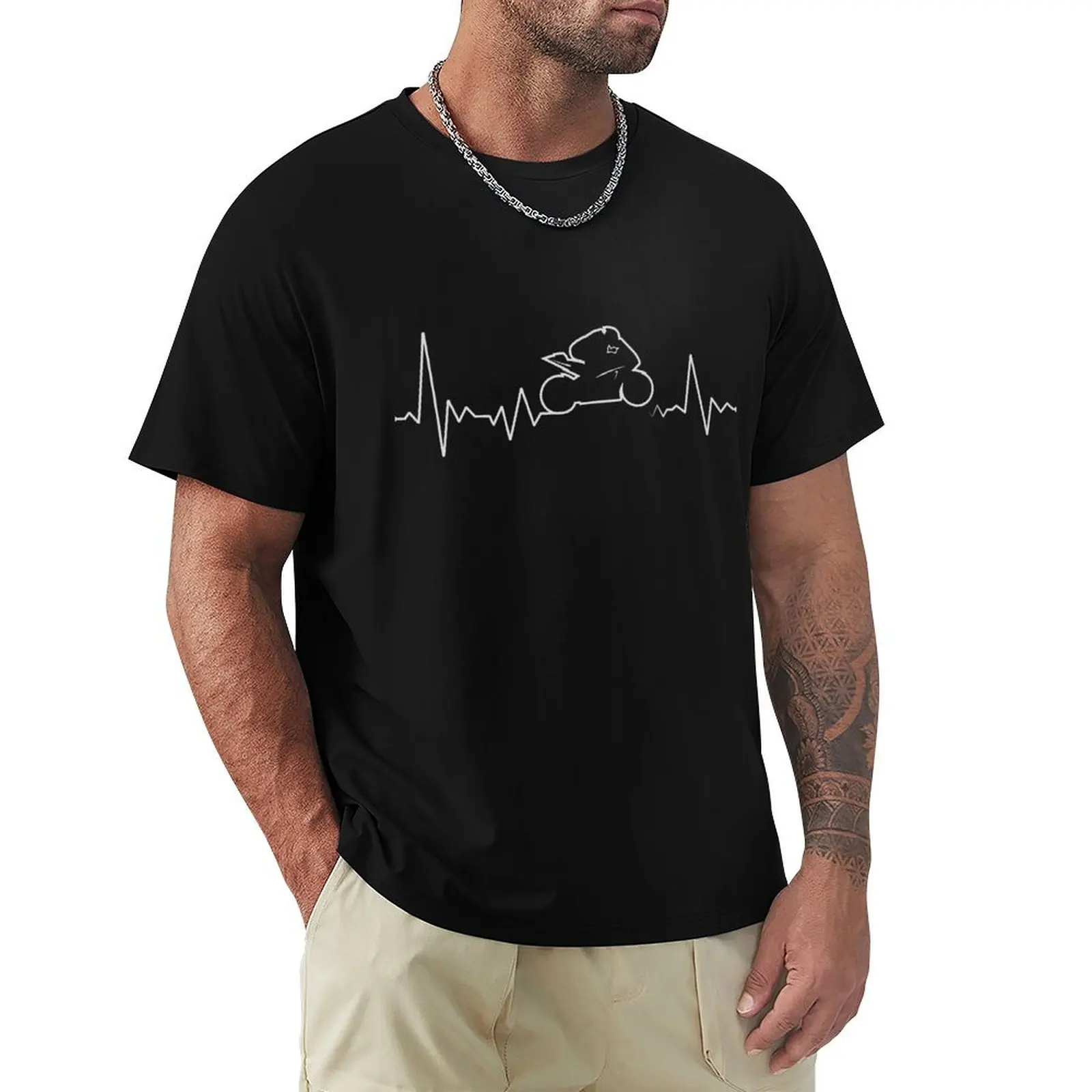 Heartbeat Supersport Motorcycle Power Wheelie ECG T-Shirt Short sleeve tee sports fans Men's cotton t-shirt