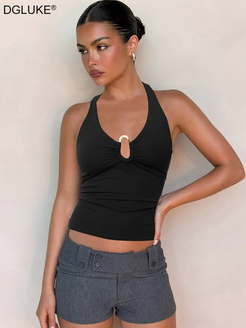 DGLUKE Metal Trim Halter Top Women V-Neck Sleeveless Tank Top Summer Sexy Blackless Bralet Crop Tops Black