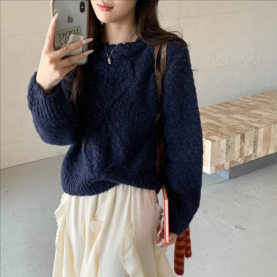 

Женский зимний повседневный пуловер с круглым вырезом, шерстяной вязаный свитер с длинными рукавами, трикотаж, мягкий удобный теплый модный топ для женщин