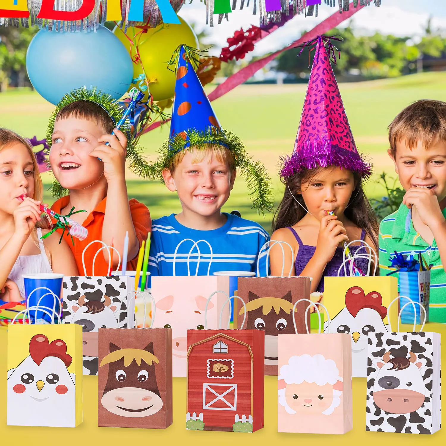 12/24 Stück Bauernhoftier-Partygeschenktüten mit Griffen, Scheunenhof, Geburtstagsgeschenk, Leckerli, Goody-Taschen, Kraftpapier, Süßigkeiten-Geschenktüte für Kinder – Detail 5