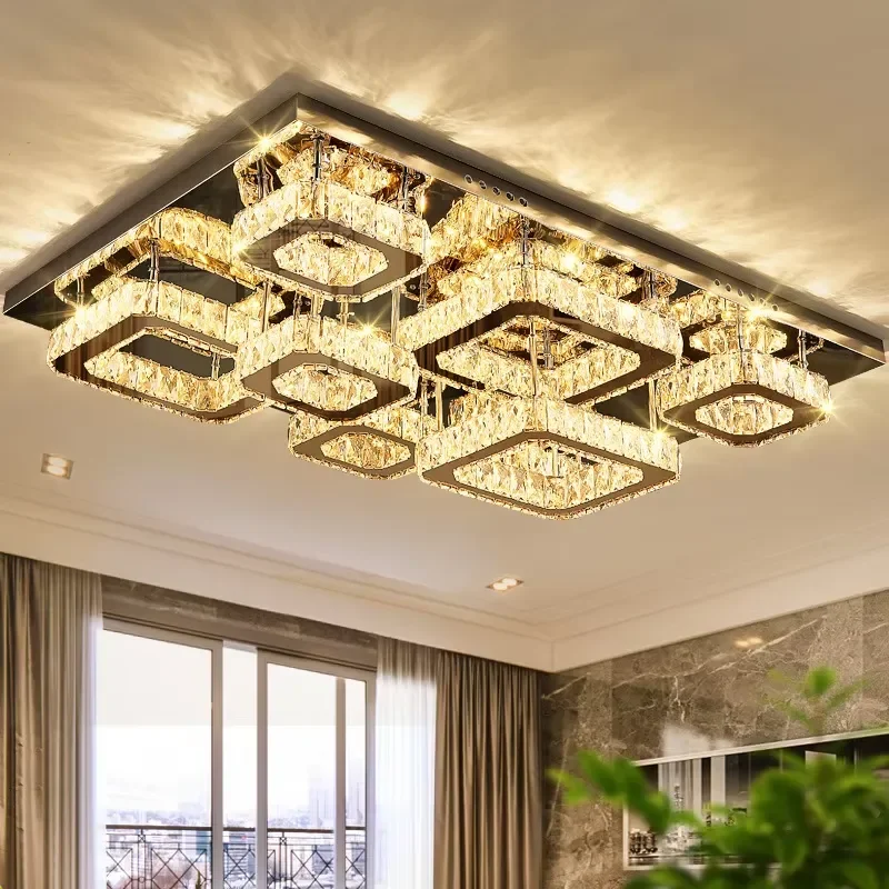 Luxury Stainless Steel Crystal Ball Chandelier LED Square Ceiling Light AC Powered Modern Living Room Fixture