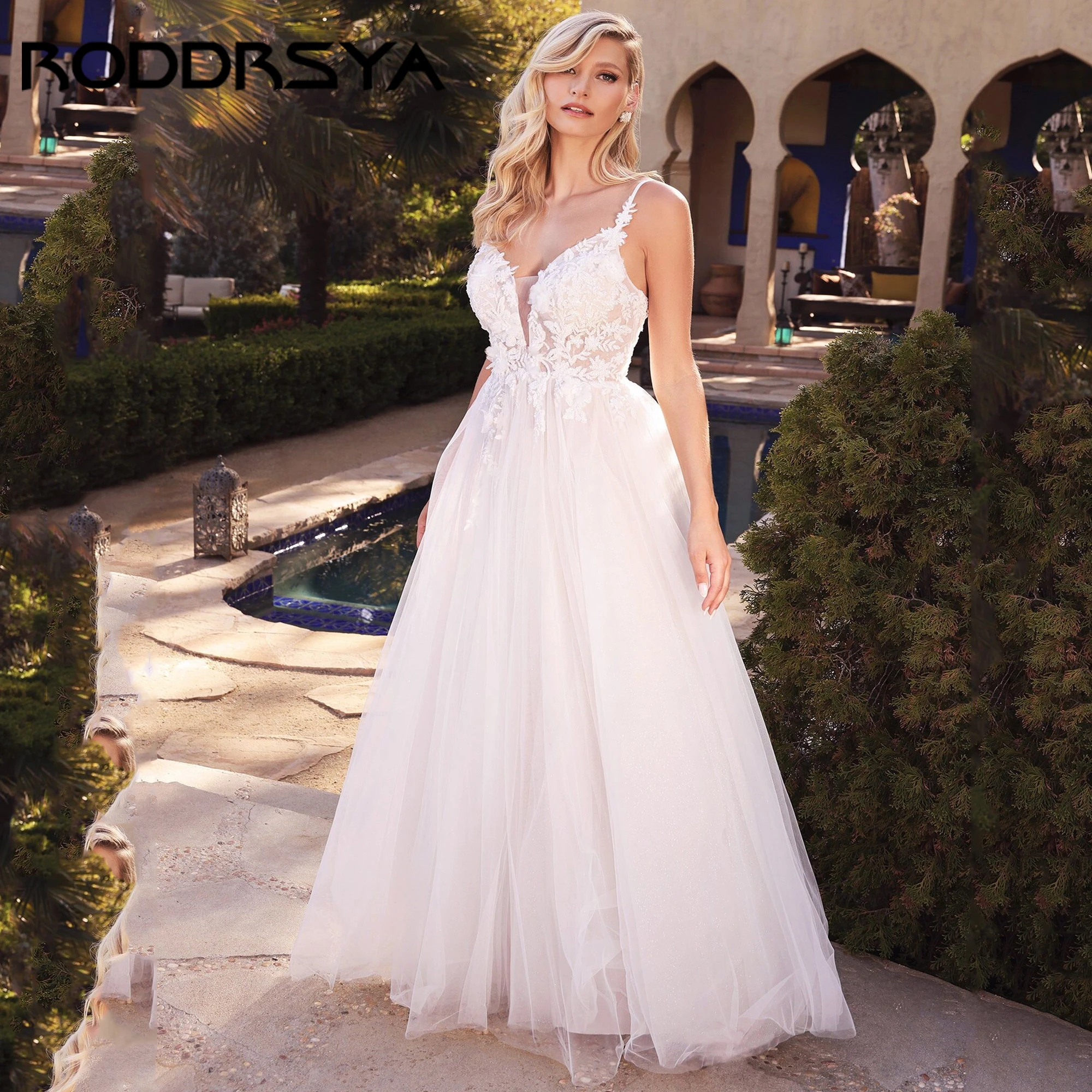 

A-Line Wedding Dresses Luxury Plunging Neck Spaghetti Strap Bridal Dress Deep V-Neck Backless Vestidos De Novia 2025 Customized
