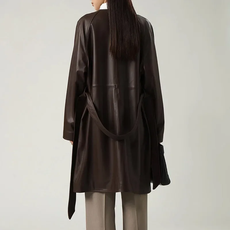 Modischer Trenchcoat aus Schaffellleder mit V-Ausschnitt für Damen, echtes Leder, Herbst und Winter, V-Ausschnitt, Raglanärmel, zum Binden