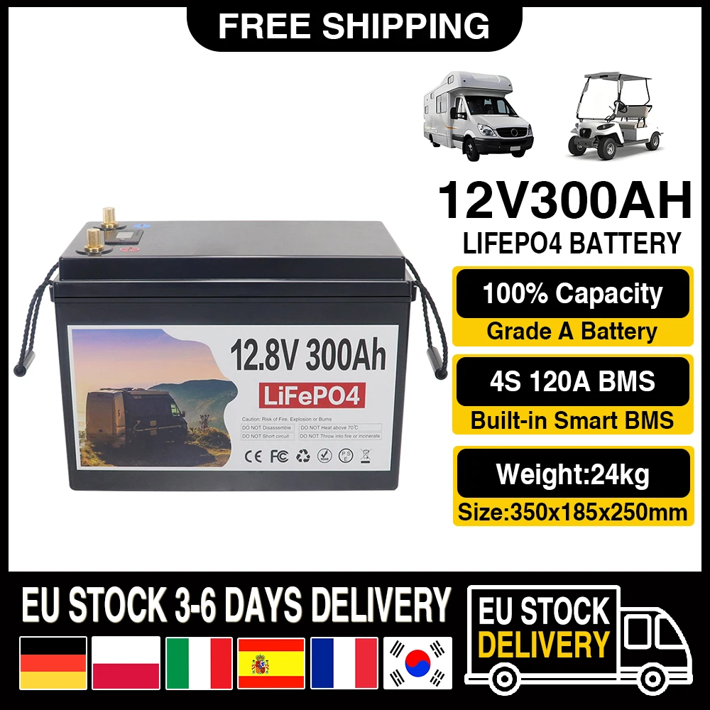 12V LiFePO4 Battery 300AH Built-in BMS Lithium Iron Phosphate Cell 6000 Cycles For RV Campers Golf Cart Solar TAX FREE + Charger