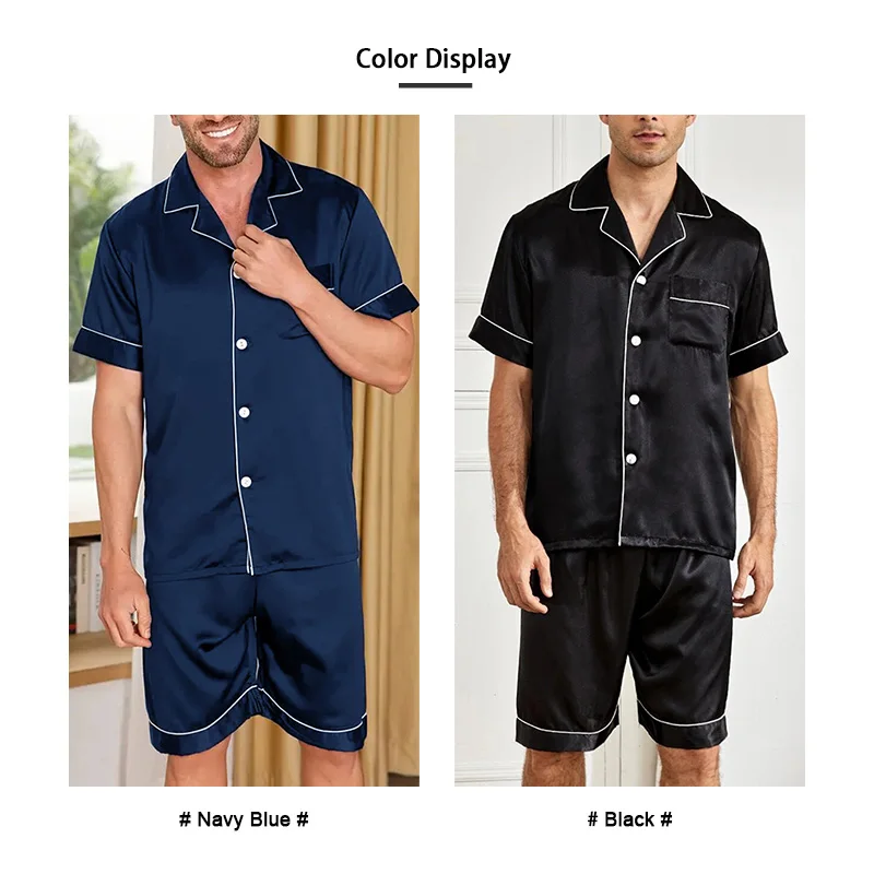 Men\'s Summer Classic Satin Casual Solid Sleepwear Short Sleeve Turn-down Collar Comfortable Top And Shorts 2 Piece Loungewear