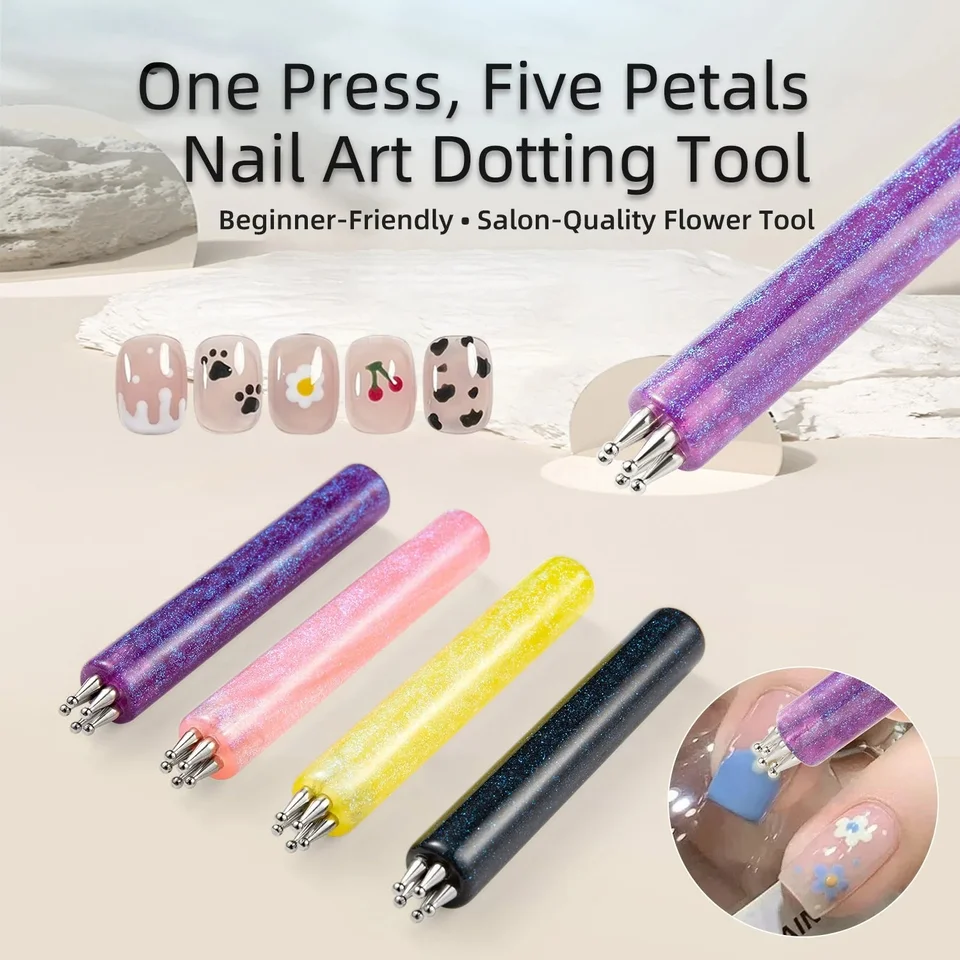1 Pieza de Herramienta de Puntos de 5 Pétalos para Arte de Uñas DIY, Creador de Flores, Punta Fina, Recolector de Piedras, Mango con Brillantina, Herramientas de Manicura 3
