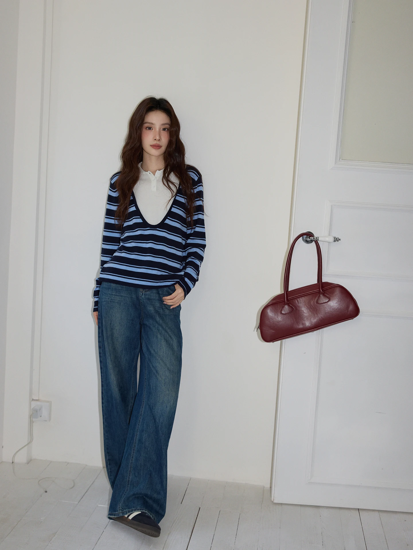 

Retro Blue Waed Distred Straight Leg High Waist Jeans Women's Spring High Waist Drapey Wide Leg Floor-Length Pants
