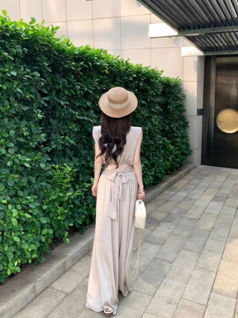 

Back Hollow Out Sleeveless Tank Top Flowy Wide Leg Long Pants Rich Girl Style Summer Casual Two Piece Set