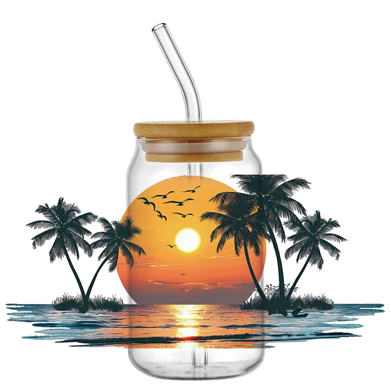 Sunset Sea Decal Washable 3D UV DTF Cup Wrap for 16oz Libbey Glasses DIY Scenery Mug Transfer Sticker