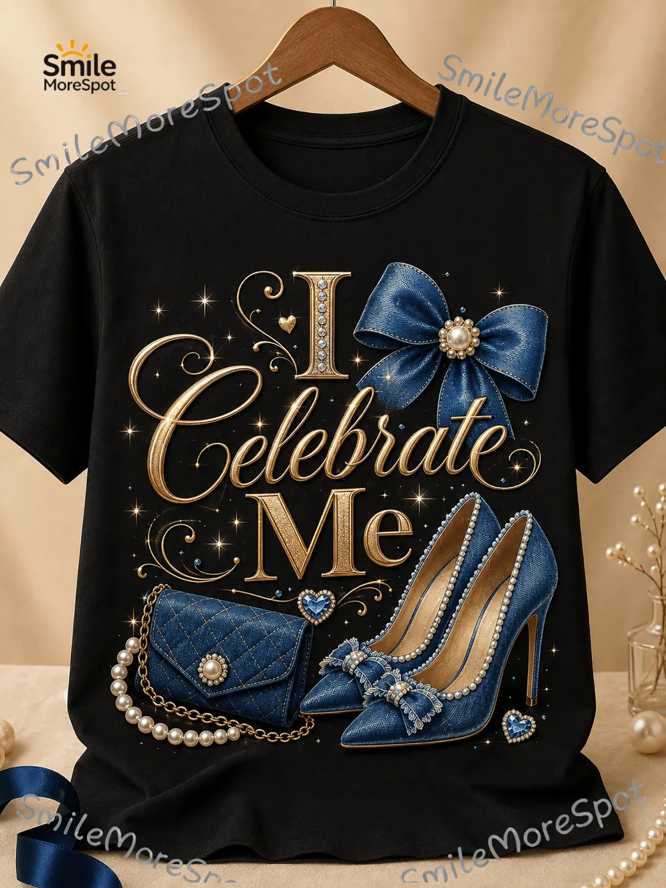 I Celebrate Me Fashion Graphic T-Shirt, Unisex Black Short Sleeve Crew Neck Tee, Blue Bow High Heel Pearl Handbag Design, Confidence Quote, Casual Birthday Outfit, Celebration Gift