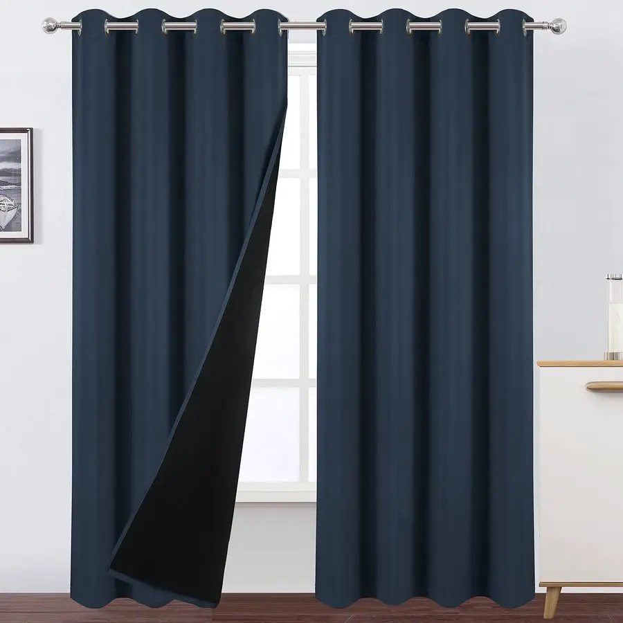 

100 Blackout Navy Curtains with Black Lining 52 x 84 Inch Set of 2 Panels Thermal Insulated Room Darkening Curtains for Bedroom