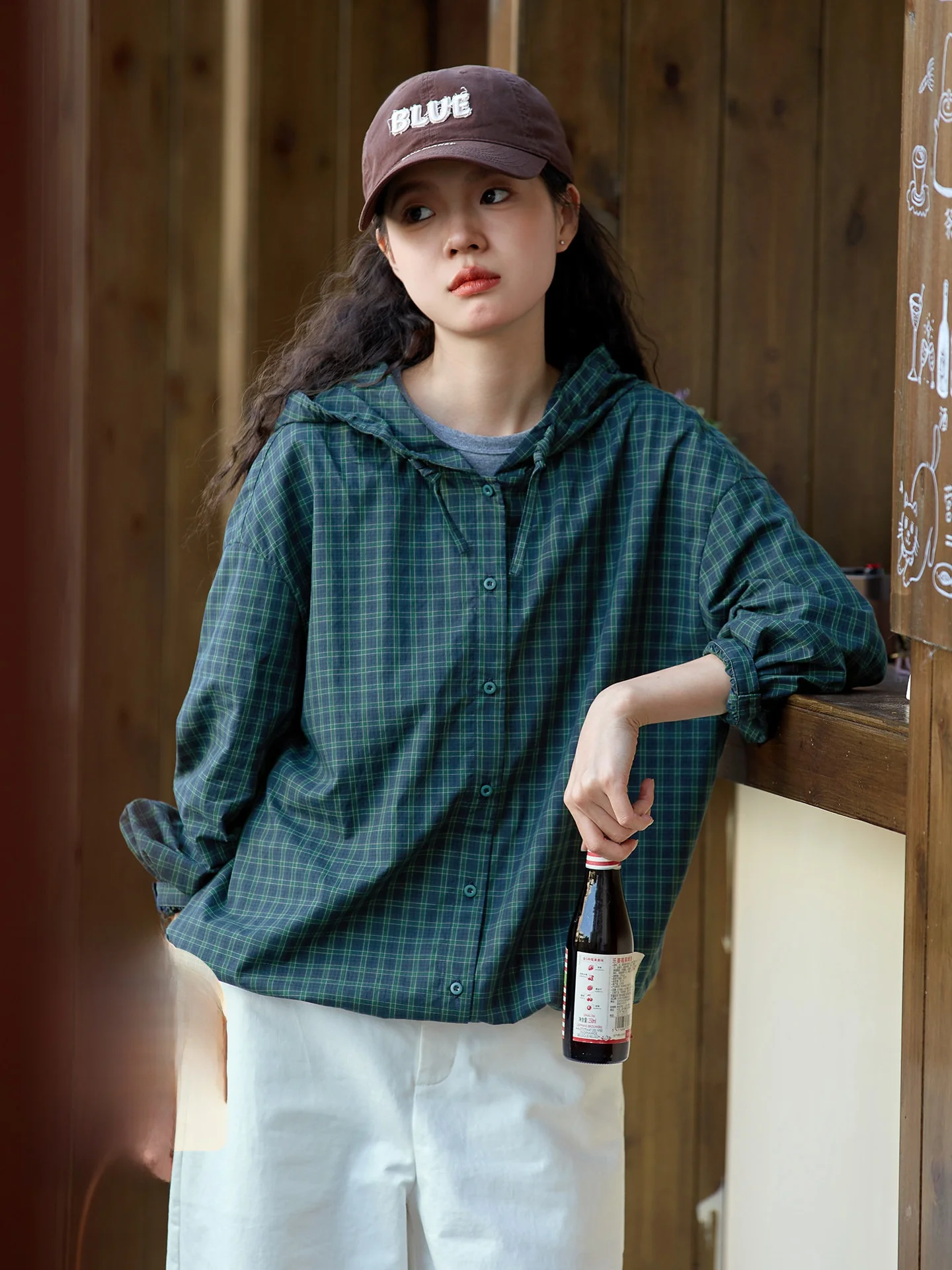 

Loose Fit Pure Cotton een irt Women's Casual Sle Spring Season Breathable Comfortable Hooded Plaid Pattern Top