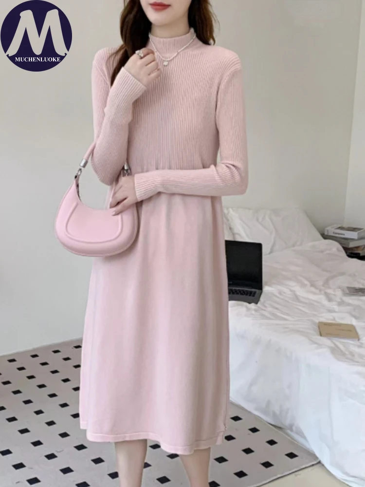 Abiti da donna eleganti e graziosi autunno/inverno nuovi maglioni lavorati a maglia con colletto mezzo alto vestono abiti Slim Fit moda coreana