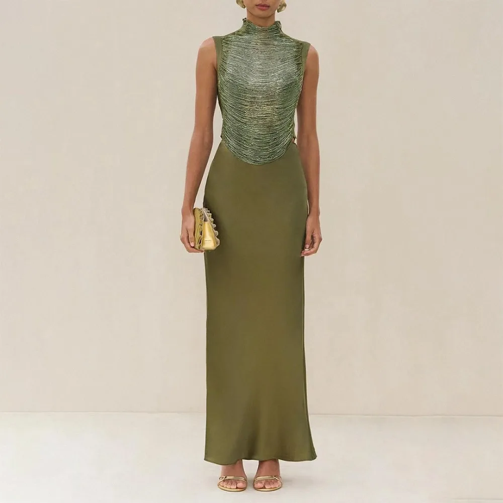 VGH High End Two Piece Set for Women High Neck Sleeveless Spliced Tassel Blouse with Satin Maxi Skirt Evening Sets Female Summer