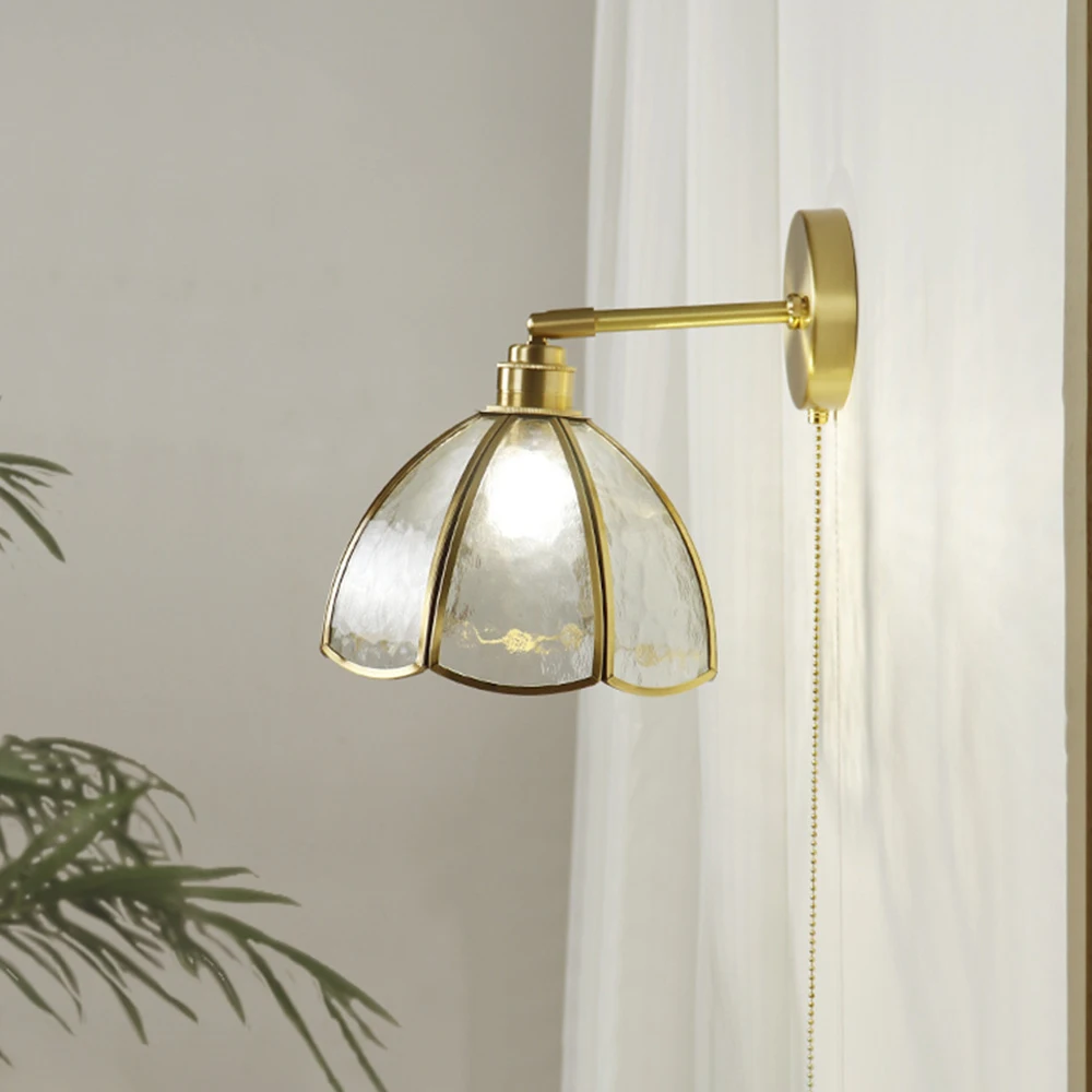 Nordic Elegant Brass and Glass Wall Lamp E27 Socket Hardwired Design Available with Pull Switch or No Switch for Indoor