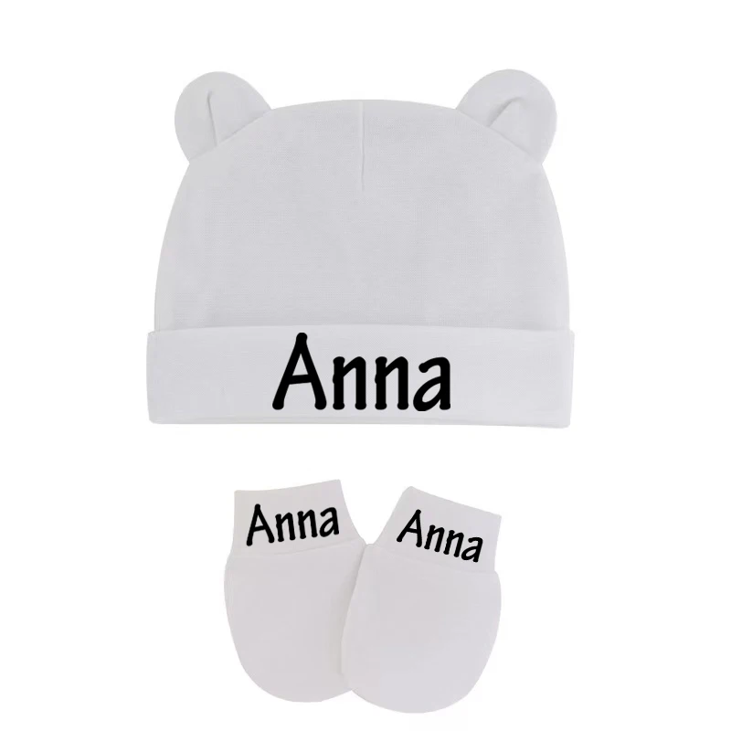 Custom Name Newborn Baby Beanies Cute Baby Hat & Mittens With Ears Cotton Stretchy Boys Girls Warm Cap Gloves Baby Shower Gifts