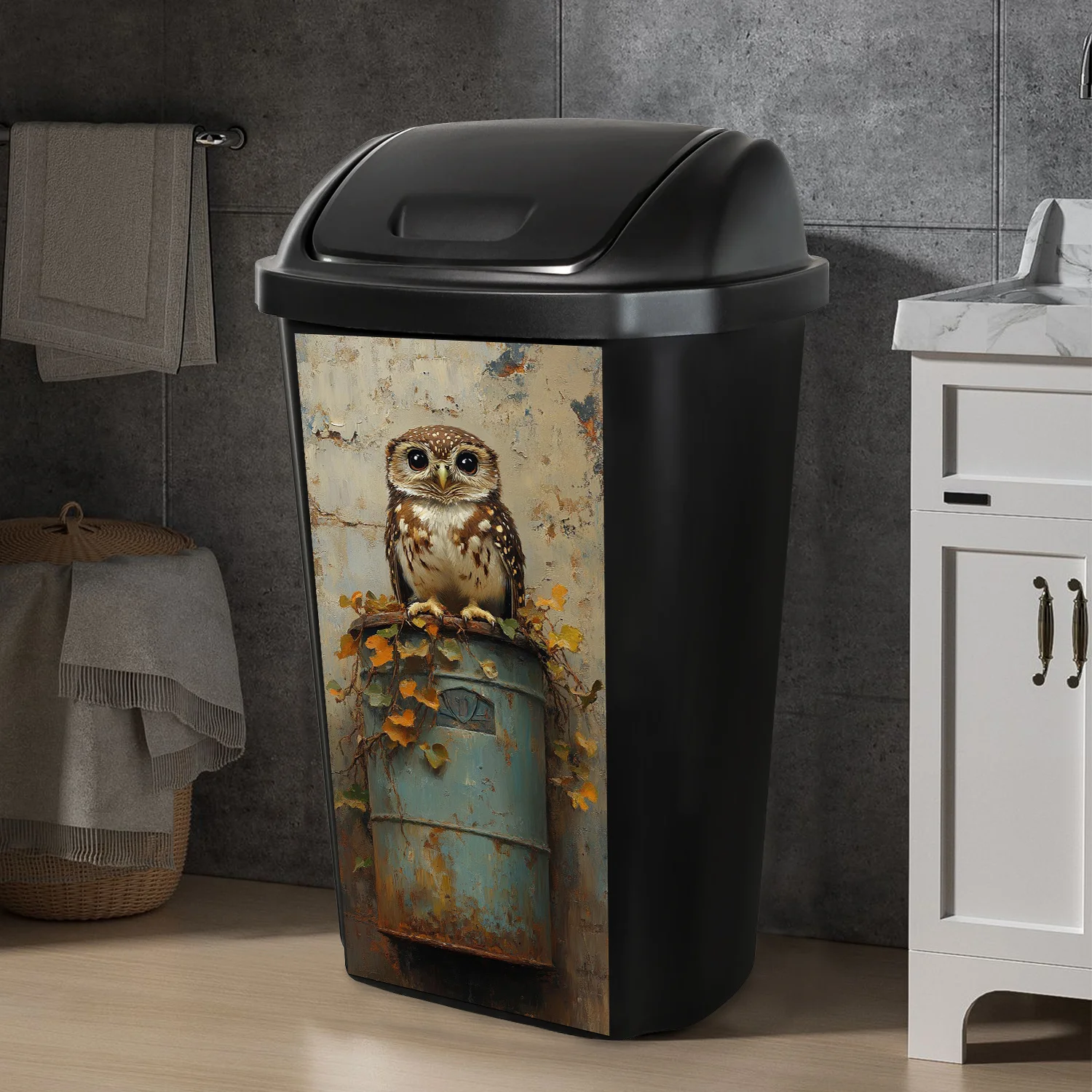 Vintage Oil‑Painting Owl Trash Can Sticker Size 70x31cm Distressed Rusty Iron Barrel With Cute Owl Pattern