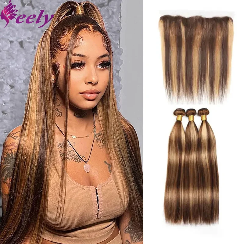 Highlight Straight Human Hair Bundles With 13x4 Lace Frontal Honey Blonde P4/27 Brazilian Hair Extensions 3 Bundles With Closure