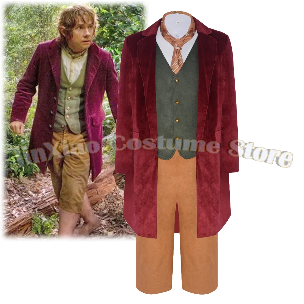 

Movie Bilbo Baggins Cosplay Hobbit Costume Suede Fabric Red Coat Vest Pants Set Men Halloween Carnival Party Uniform Outfits