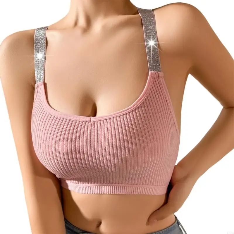 E56A Women's Shimmering Spaghetti Strap Bra Racerback Crop Tanks Top Ribbed Sport Vest Bralette for Party Club Workout