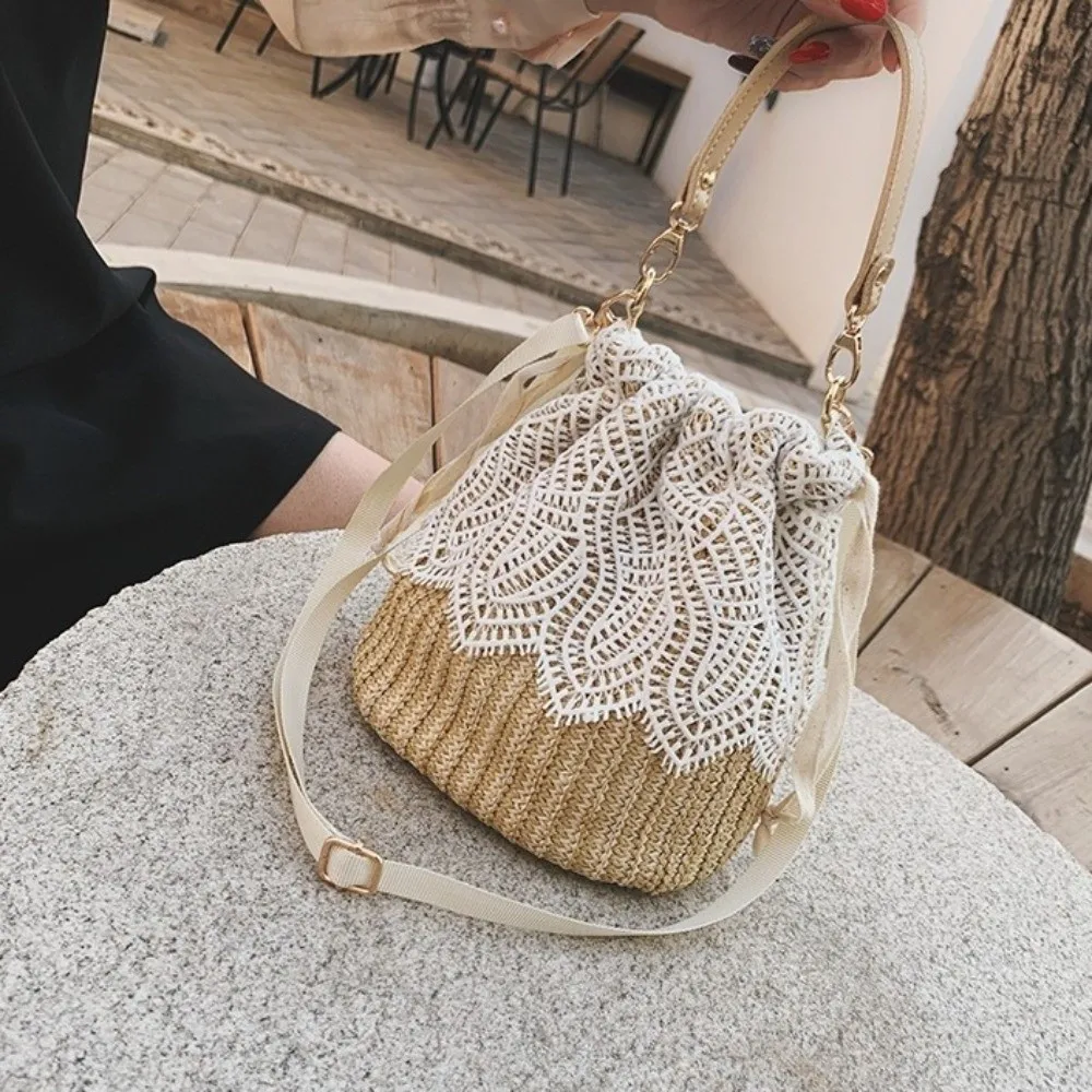

Простая кружевная соломенная сумка через плечо, богемная сумка-тоут с цветочным плетением, сумка-ведро, ажурная пляжная сумка для пикника